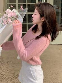 DAZY Women Round Neck Lightweight Sweater Fall - Pink - View 7