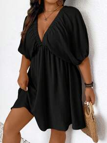 SHEIN Frenchy Comfortable Lantern Sleeve Mid-Length A-Line Plus Size Vacation Casual Short Dress Summer Women Dresses - Black - View 6
