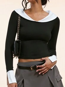 Forever 21 Women's Spring/Summer Color-Blocked Peter Pan Collar Long Sleeve Slim Fit T-Shirt