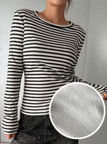 DAZY 女士休闲条纹保暖内衬保暖T恤，秋冬长袖女上衣 - 黑與白 - 查看 1