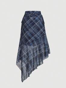 SHEIN MOD Women's Navy Blue Plaid Asymmetrical Skirt,Bow Tie Skirt, Fall/Winter Women Skirt, ,Homecoming ,Renaissance Pants,Fall Wedding Guest Skirt,Party,Old Money Style,Elegant,Office Work Wear Women Skirt,Brunch,Back To School,Business Casual Women,Basic,Teacher,Cute,90s Outfit,Goth,Korean Fashion,Renaissance Fair,Long Skirts
