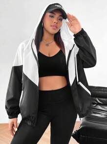 SHEIN EZwear 大码拼色抽绳连帽夹克，春秋装 - 白色 - 查看 3