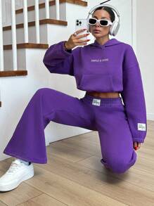 EURMUSE 棉质女式连帽衫，带字母印花和松紧腰带，加厚运动服套装 - 紫色 - 查看 1
