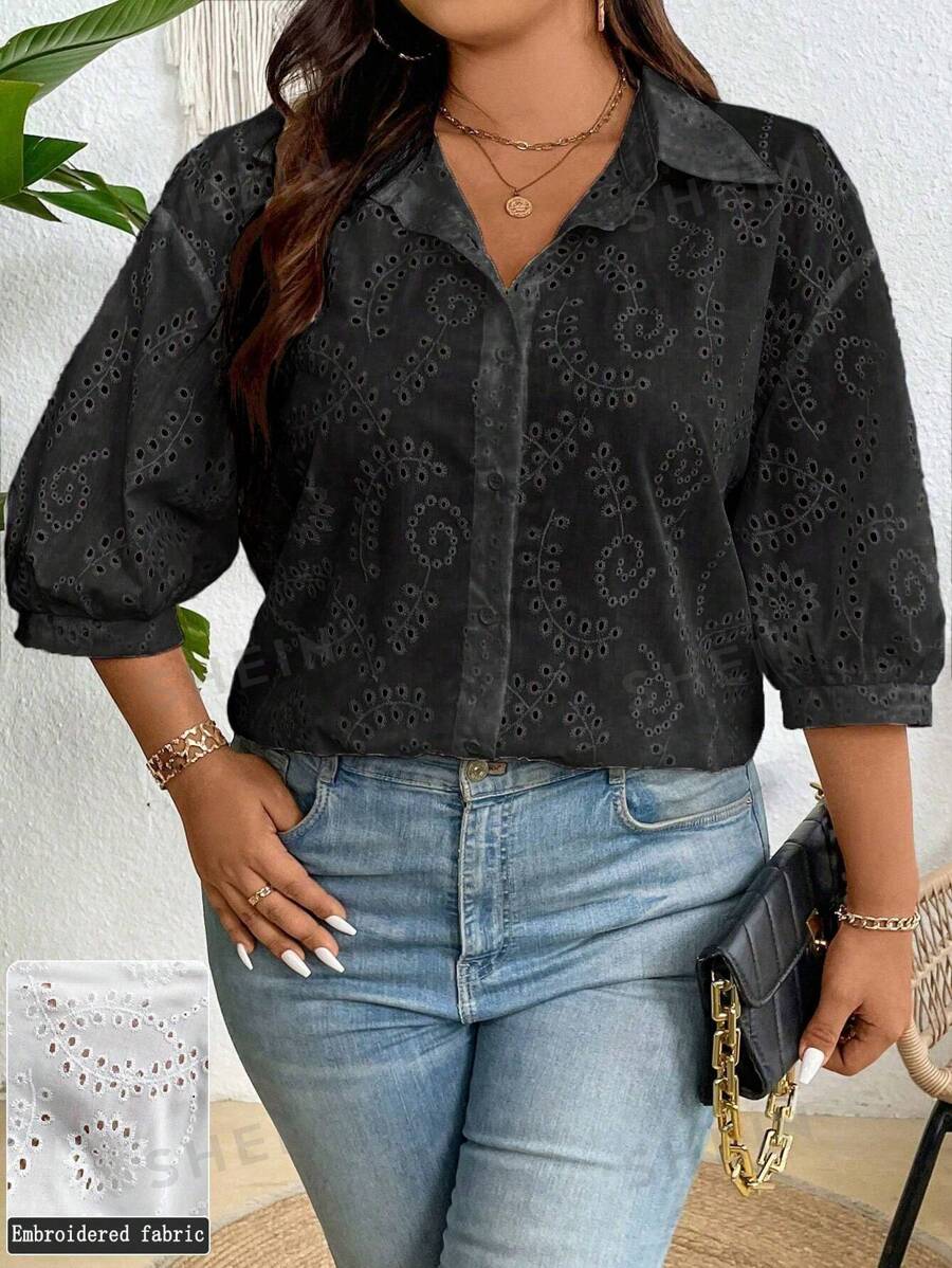 Celure Camisa casual de talla grande de unicolor con bordado calado