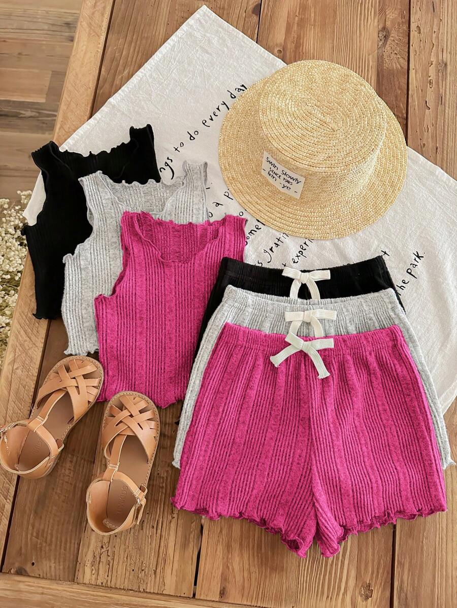 SHEIN LMoss Kids Conjunto de 6 piezas de top sin mangas con volantes en el bajo y shorts de unicolor tejido para bebé niña - Rosa Fucsia - Ver 1
