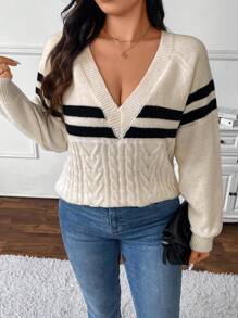 SHEIN Frenchy 大码条纹开学季休闲纹理钩针女式套头毛衣 - 彩色 - 查看 5