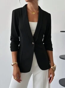 Firerie Women's Elegant Casual Pleated 3/4 Sleeve Ruffle Collar Black Blazer Jacket, Office Wear , Bussines Casual Womenwinter,Business Casual, Elegant,Black - Black - View 3