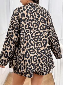 SHEIN Frenchy 2pcs Plus Size Casual Leopard Print Long Sleeve Shirt And Shorts Suit