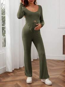 SHEIN Maternity Solid Ribbed Knit Two Pieces Outfit Set, Autumn Winter - Army Green - View 3