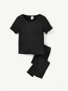 Cozy Pixies 4 件套女婴纯色圆领荷叶边袖上衣和裤子套装 - 灰色 - 查看 4