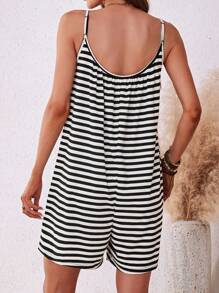 SHEIN LUNE Women's Summer Striped Print Spaghetti Strap Casual Jumpsuit