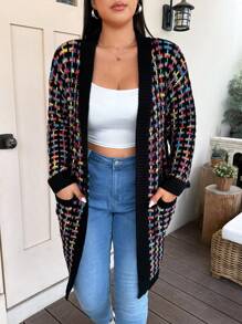 Flirla Plus Size Long Plaid Mixed Color Cardigan With Pockets, For Winter Fall Cloth For Women