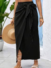 SHEIN VCAY Váy quấn có dây buộc cỡ lớn thông thường - màu đen - Xem 3