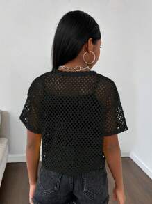 SHEIN Tween Girl 运动街头服饰针织网眼透气圆领短袖上衣 - 黑色 - 查看 3