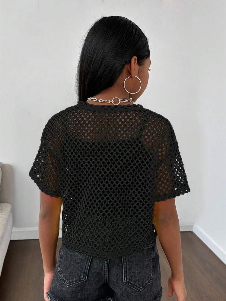 SHEIN Parte superior de manga corta con cuello redondo, de tejido de malla transpirable, ropa deportiva informal para niña preadolescente - Negro - Ver 3