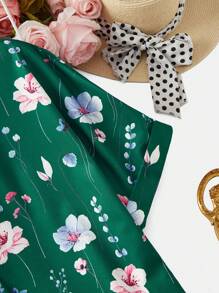 SHEIN LUNE 大码女式花卉印花短袖衬衫，夏季 - 墨綠色 - 查看 3