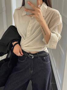 DAZY Loose Solid Color Long Sleeve Lapel Tie Front Women Blouse,Fall Clothes - Apricot - View 7