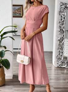 Chiquease 女士純色短袖圓領夏季連衣裙 - 藕粉色 - 查看 5