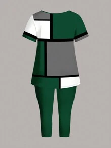 EMERY ROSE 2pcs/Set Plus Size Casual Geometric Pattern Round Neck Short Sleeve Tight Fitting 3/4 Pants, Suitable For Summer - Multicolor - View 5