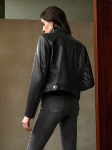 Anewsta Black PU Leather Motorcycle Jacket, Open Front, Modern Urban Style For Women - Black - View 2
