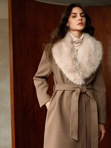 Anewsta Áo khoác dài tay có túi thắt lưng cổ lông, thích hợp cho mùa thu/đông - Màu Khaki - Xem 4