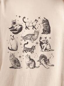 INAWLY Áo thun tay rộng, áo sơ mi mèo cổ điển, áo thun nhiều màu sắc thoải mái, quà tặng cho những người yêu mèo, áo thun họa tiết - Màu be - Xem 3