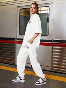 Streetz SHEIN Sport Bộ 2 món nữ mùa hè in chữ trễ vai và quần ống rộng - trắng - Xem 5