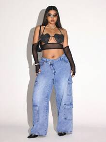 SHEIN ICON Plus Size Asymmetrical Waistline Multi-Pocket Denim Jeans - Light Wash - View 3