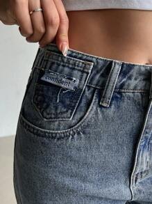 DAZY 女式直筒牛仔裤，带口袋和标志装饰，宽松牛仔裤 - 藍色 - 查看 7