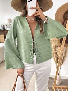SHEIN VCAY Casual Solid Color Woven Loose Fit Long Sleeve Women Blouse