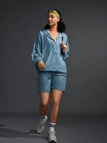 SHEIN Sports 2pcs Women Spring & Autumn Solid Color Raglan Sleeve Hoodie Jacket And Shorts Sports Suit - Baby Blue - View 6