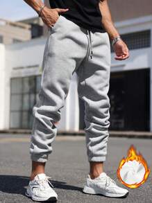 Manfinity Homme Men's Drawstring Pockets Simple And Versatile Solid Gray Thermal Lined Thickened Cuffed Sports Sweatpants,Fall Men Clothes - Grey - View 3