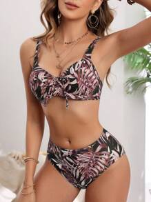 SHEIN Swim 女士度假必備熱帶植物印花前結綁性感比基尼套裝 - 咖啡棕 - 查看 3