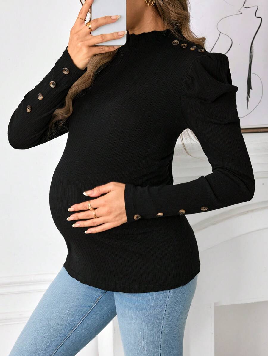 SHEIN Maternity Gigot Sleeve Button Detail Top - Black - View 1