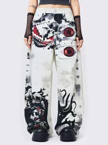 ROMWE Grunge Punk Quần Jeans Ống Rộng In Hình Đầu Lâu Cho Nữ, Quần Thường Ngày, Đi Học - Nhiều màu - Xem 1
