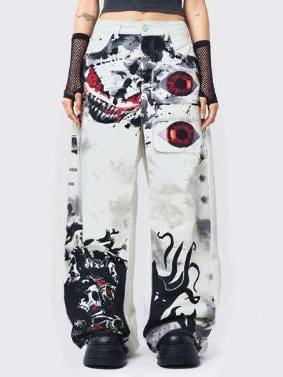 Grunge Punk Women's Skull Printed Wide Leg Loose Fit Casual Jeans, School