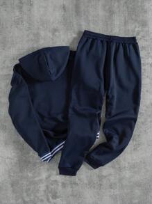 Manfinity Homme 2pcs Men's Letter & Striped Print Hoodie Sweatshirt And Drawstring Sweatpants Casual Set - Navy Blue - View 2