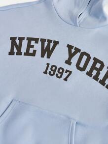 SHEIN Girlism 2 件套青少年女孩纯色字母图案连帽衫套头衫和喇叭裤休闲羊毛加厚服装 - 淺藍色 - 查看 10