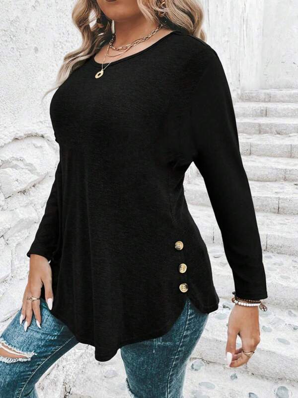 SHEIN Clasi SHEIN Clasi Plus Size Solid Color Button Detail Curved Hem T-Shirt