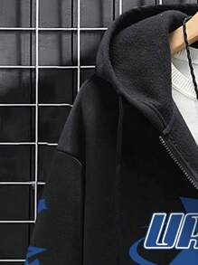 Manfinity LEGND Men's Letter & Pentagram Print Hooded Zip Pocket Zip-Up Sweatshirt, Men Zip Up Hoodies Star Print, Men Graphic Print Zip Up Hoodies, Streetwear Hoodies For Men, Fall/Winter - Black - View 6