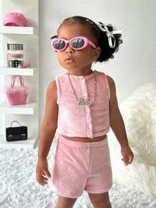 3 件套幼儿女孩舒适羊毛套装 - 夹克、背心和短裤，秋冬季 - 粉色 - 查看 5