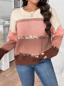 Calvaya Áo len cổ tròn tay dài cỡ lớn, đính sequin, phối màu, kiểu dáng patchwork, thích hợp mặc hàng ngày, áo len mùa đông và mùa thu. - Nhiều màu - Xem 3
