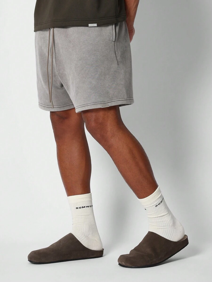 SUMWON Regular Fit Drop Crotch Washed Essential Short - Brown - View 1