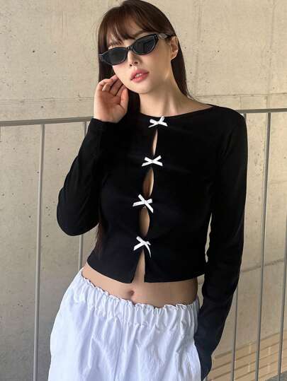 DAZY 女士纯色蝴蝶结领修身短款 T 恤，春夏秋季服装长袖女上衣