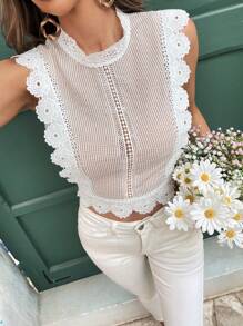 SHEIN Frenchy Camisa elegante con cuello alto de pie y rayas de encaje para señoras - Caqui - Ver 4