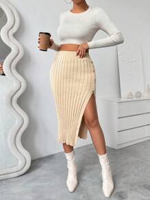 Chiquease 1pc Casual Button-Side Split Hem Knit Knitted Skirt,Spring/Autumn - Khaki - View 4