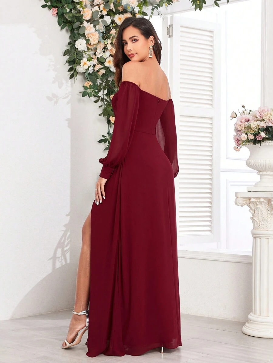春夏女士露肩高开衩雪纺A字酒红色伴娘礼服，适合婚礼场合 - 酒紅色 - 查看 1