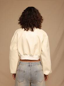 Forever 21 Chaqueta/abrigo de mujer para otoño e invierno, color amarillo claro, con cremallera, de piel sintética, corto, manga larga, lindo, vuelta al colegio, para tallas pequeñas y altas, para la oficina, con cuello, para ocasiones de salida, maestros, casual de negocios, cuello redondo - Blanco - Ver 5