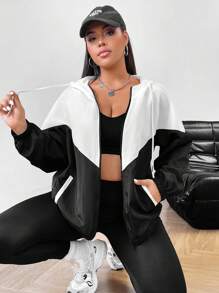 SHEIN EZwear 大码拼色抽绳连帽夹克，春秋装 - 白色 - 查看 6