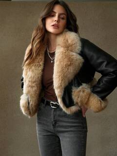 Anewsta Damska kurtka ze skóry ekologicznej z kołnierzem ze sztucznego futra w kolorze brązowym i podszewką termiczną, elegancki zimowy płaszcz damski